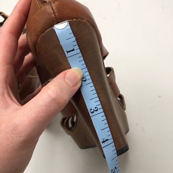 Restricted Camel Brown Strappy Cutout Wooden Platform Wedge Sandals Shoes - Picture 14 of 16